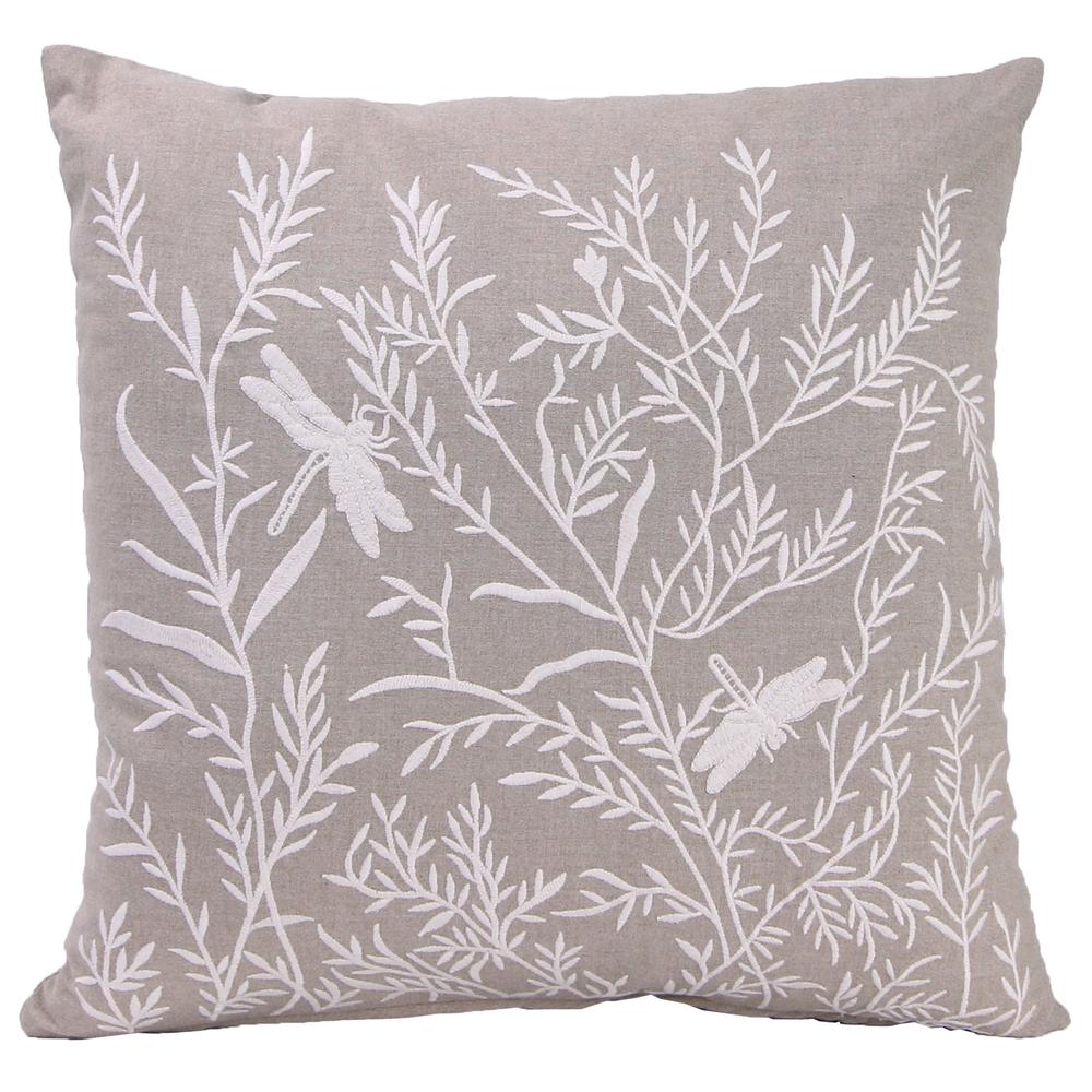 Dragonfly Tan and White Floral Decorative Throw Pillow with Embroidery Accent. Picture 1