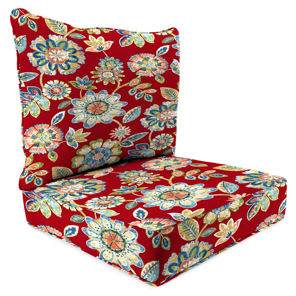 Daelyn Cherry Red Floral Outdoor Chair Seat and Back Cushion Set with Welt. Picture 1