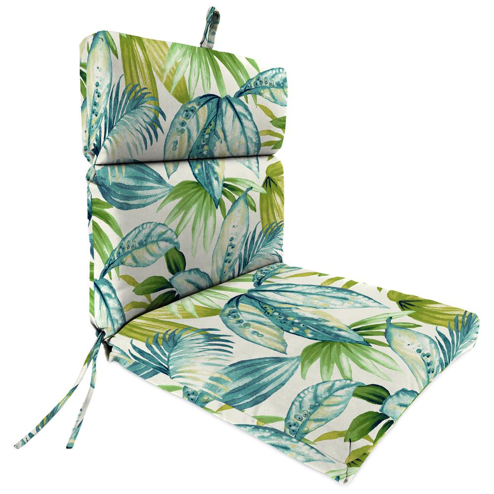 Seneca Caribbean Blue Leaves French Edge Outdoor Chair Cushion with Ties. Picture 1