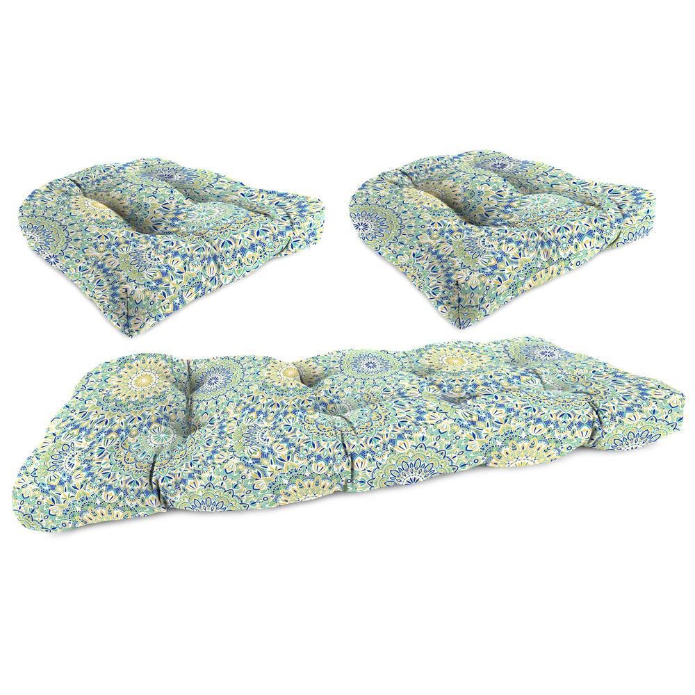 3-Piece Alonzo Fresco Blue and Green Medallion Tufted Outdoor Cushion Set. Picture 1