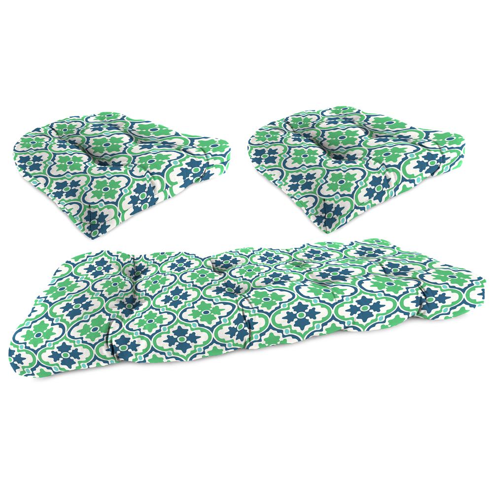 3-Piece Vesey Sea Mist Blue and Green Quatrefoil Tufted Outdoor Cushion Set. Picture 1