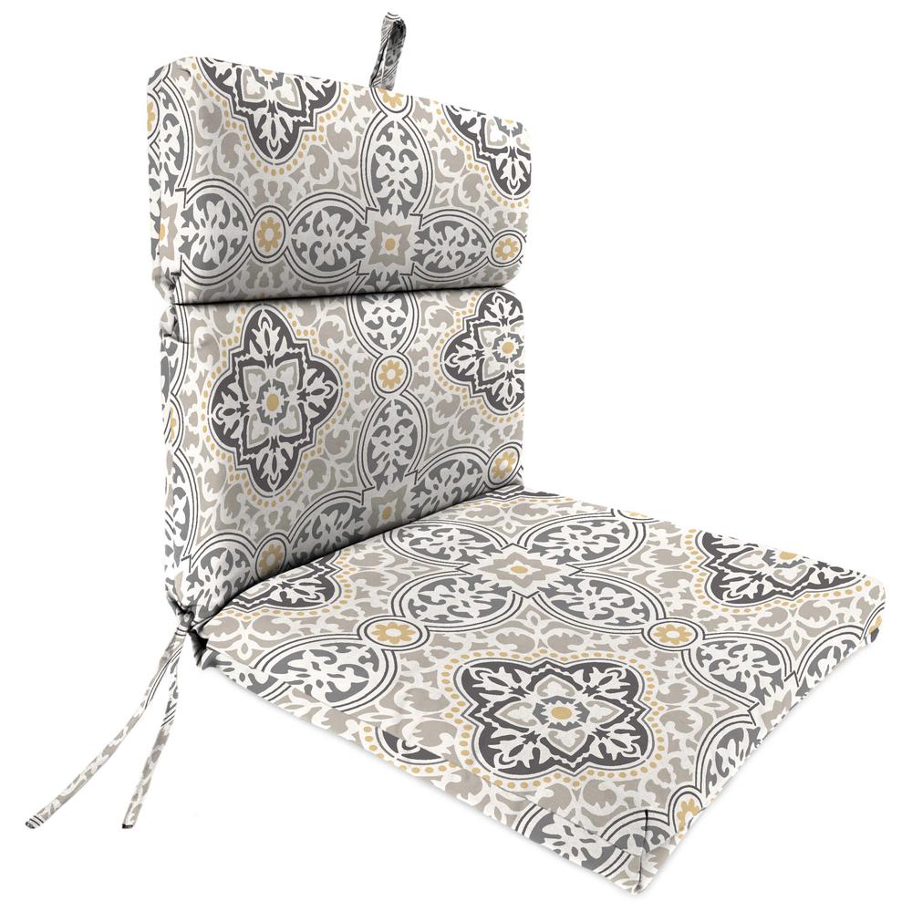 Rave Grey Quatrefoil Rectangular French Edge Outdoor Chair Cushion with Ties. Picture 1