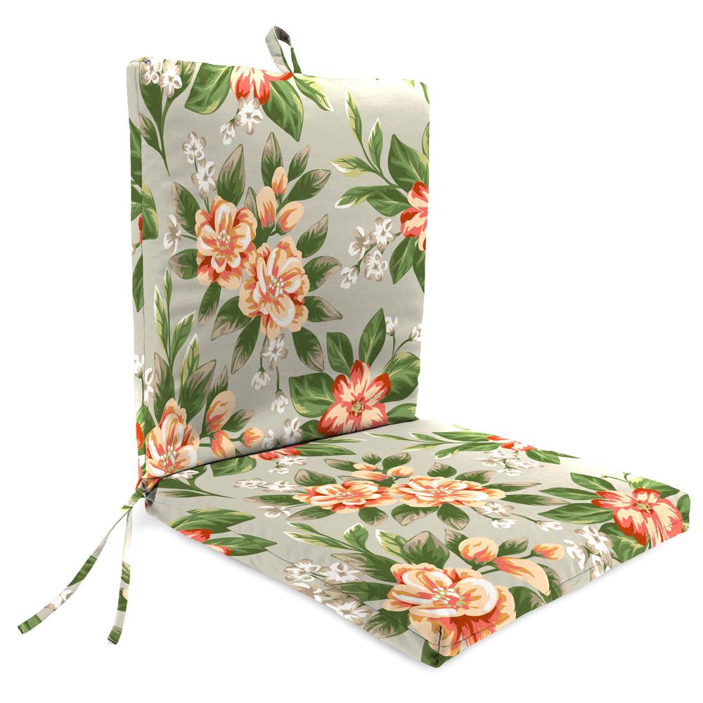 Tori Cedar Grey Floral Rectangular French Edge Outdoor Chair Cushion with Ties. Picture 1