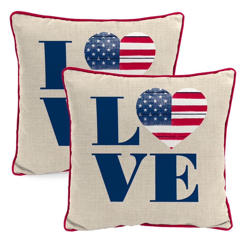 Beige Love America Novelty Knife Edge Outdoor Throw Pillow with Welt (2-Pack). Picture 1