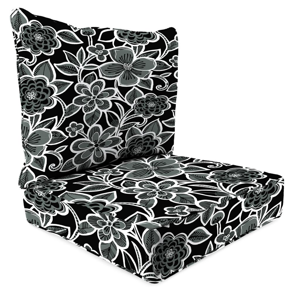 Halsey Shadow Black Floral Outdoor Chair Seat and Back Cushion Set with Welt. Picture 1