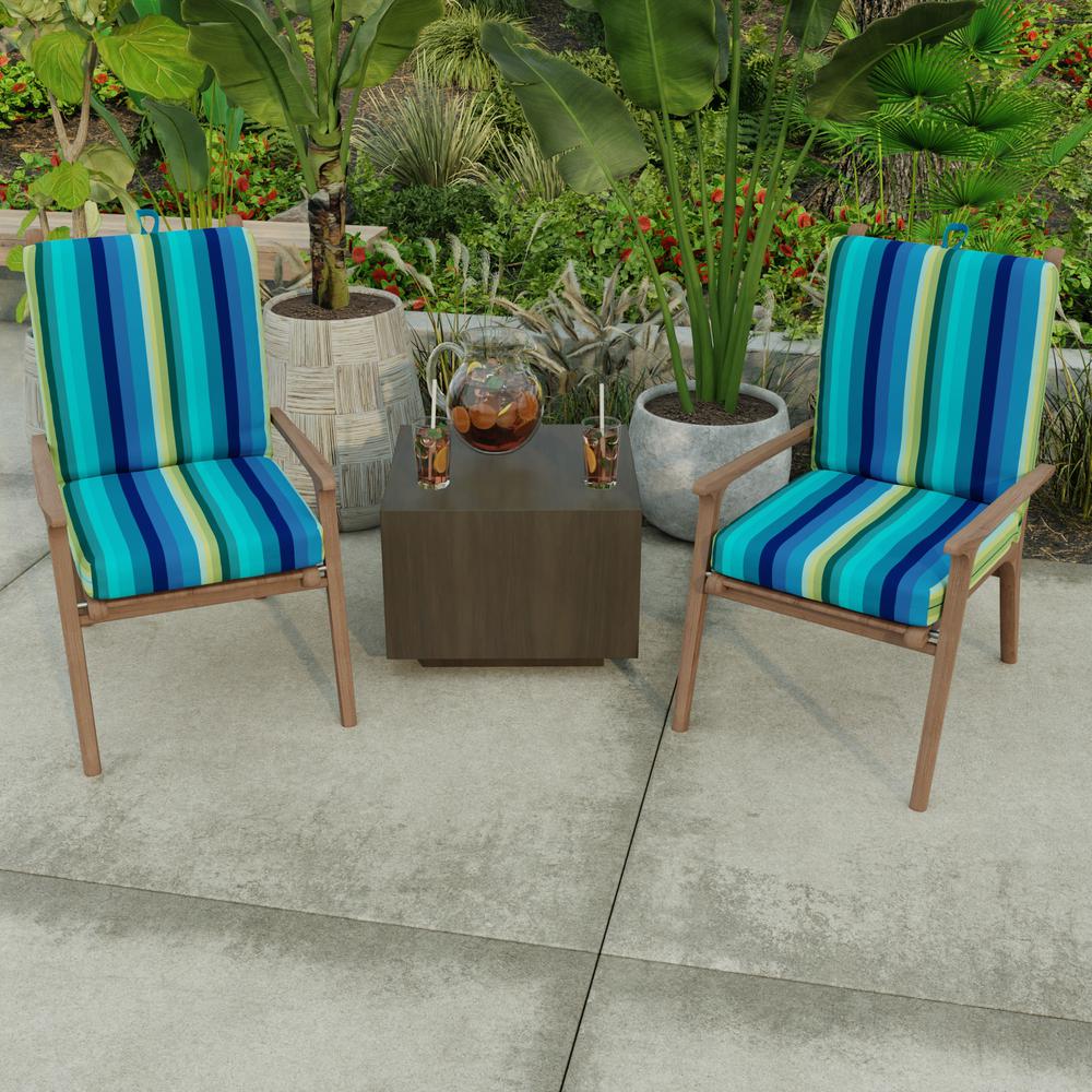 Islip Teal Stripe Rectangular French Edge Outdoor Chair Cushion with Ties. Picture 3