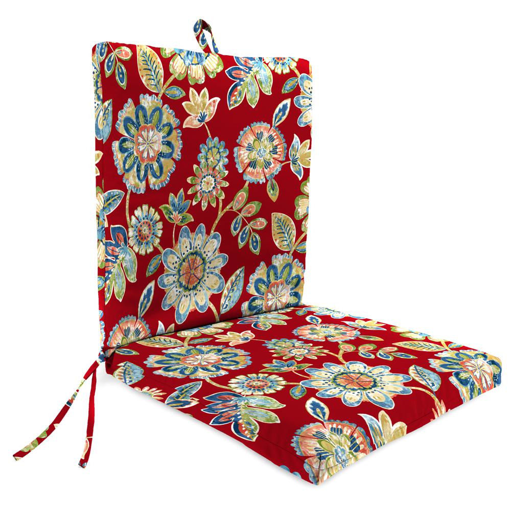 Daelyn Cherry Red Floral Rectangular French Edge Outdoor Chair Cushion with Ties. Picture 1