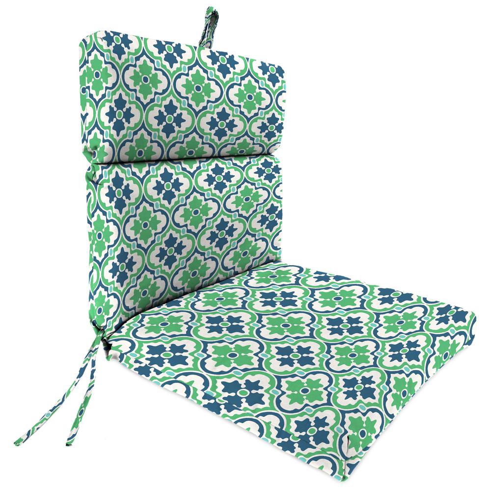 Vesey Sea Mist Green Quatrefoil French Edge Outdoor Chair Cushion with Ties. Picture 1