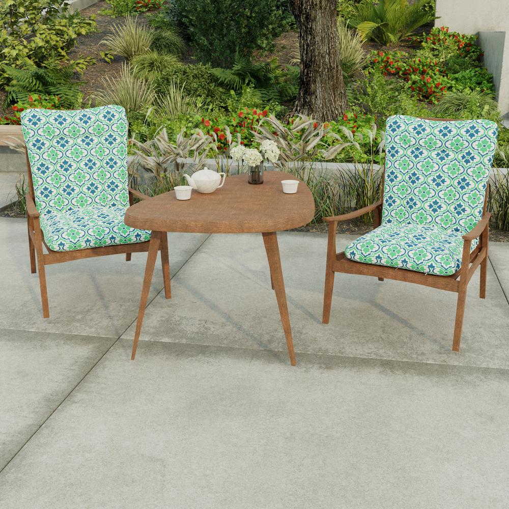 Vesey Sea Mist Green Quatrefoil Outdoor Chair Cushion with Ties and Hanger Loop. Picture 3