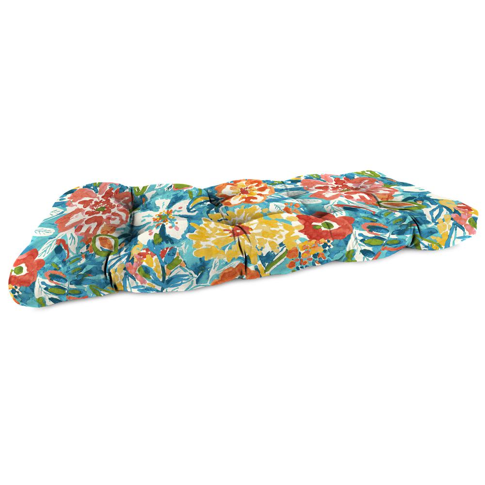 Sun River Sky Multi Floral Tufted Outdoor Settee Bench Cushion. Picture 1