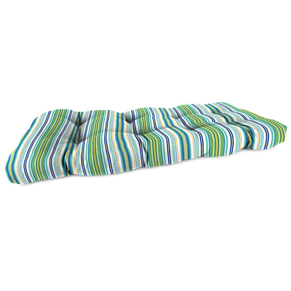 Clique Fresco Blue Stripe Tufted Outdoor Settee Bench Cushion. Picture 1
