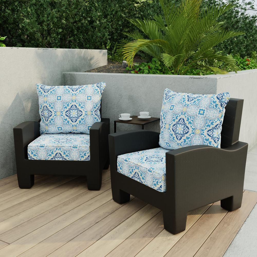 Rave Sky Blue Geometric Outdoor Chair Seat and Back Cushion Set with Welt. Picture 3