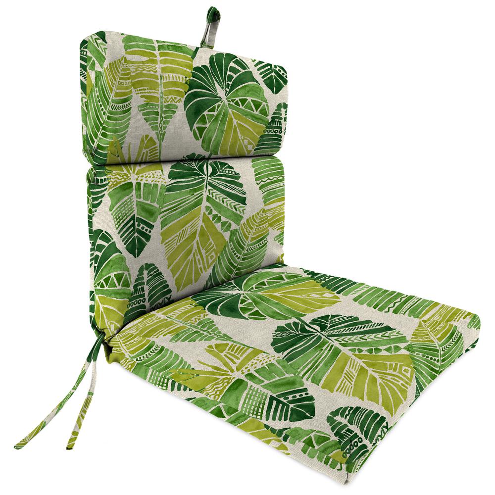Hixon Palm Green Leaves Rectangular French Edge Outdoor Chair Cushion with Ties. Picture 1