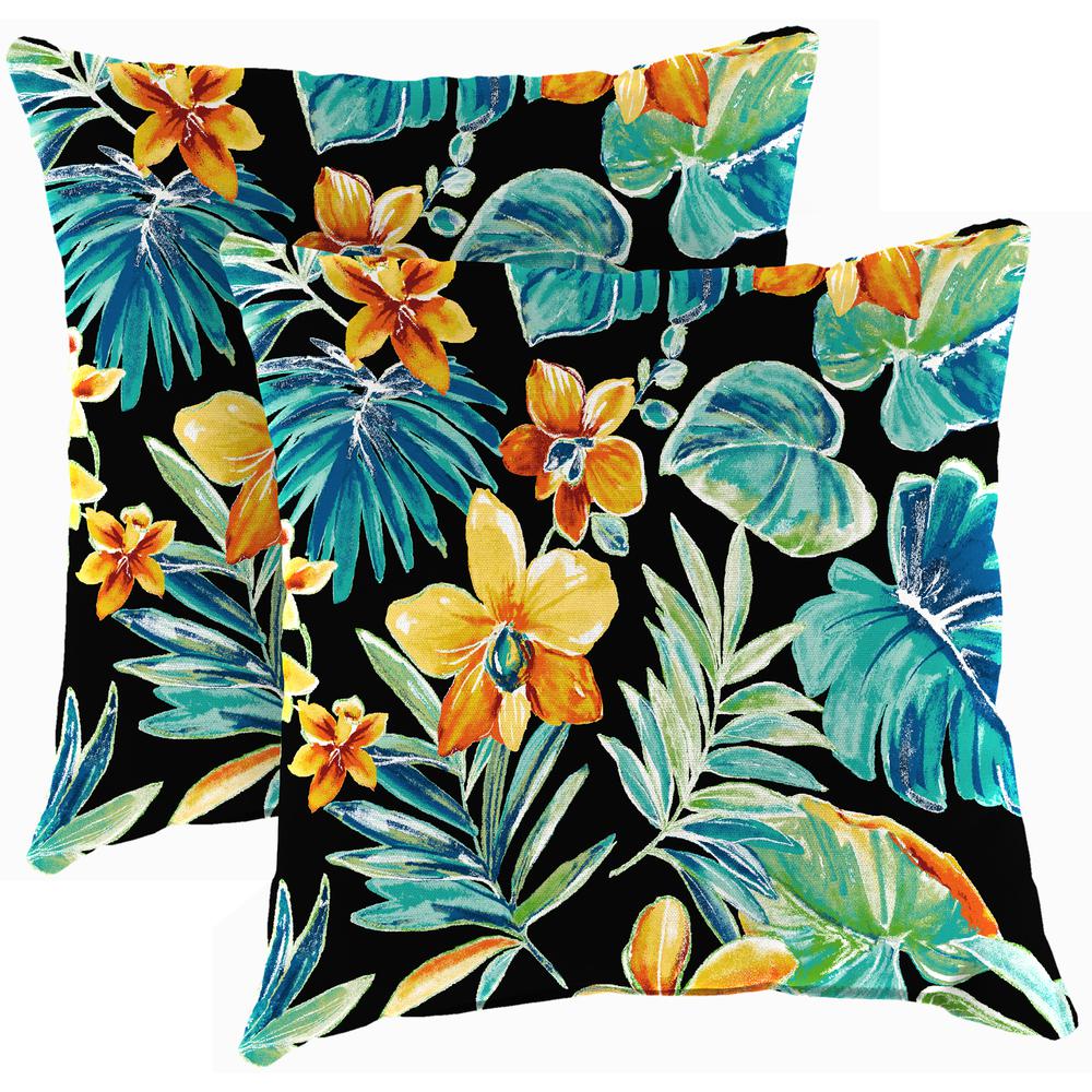 Beachcrest Caviar Black Floral Square Knife Edge Outdoor Throw Pillows (2-Pack). Picture 1