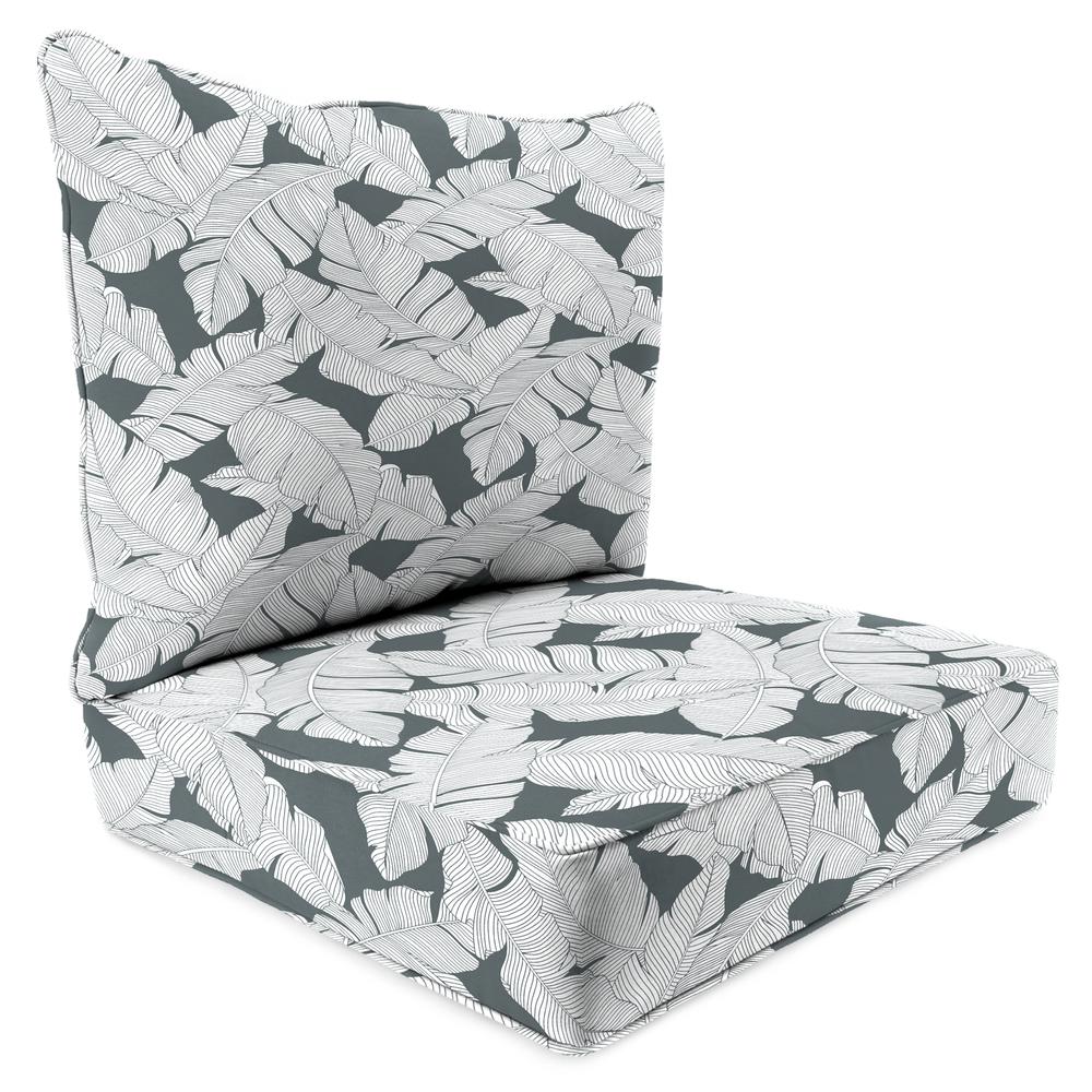 Carano Stone Grey Leaves Outdoor Chair Seat and Back Cushion Set with Welt. Picture 1