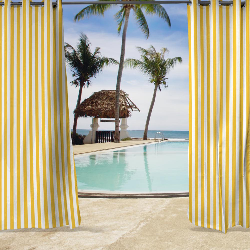 Canary Yellow Stripe Grommet Semi-Sheer Outdoor Curtain Panel (2-Pack). Picture 3