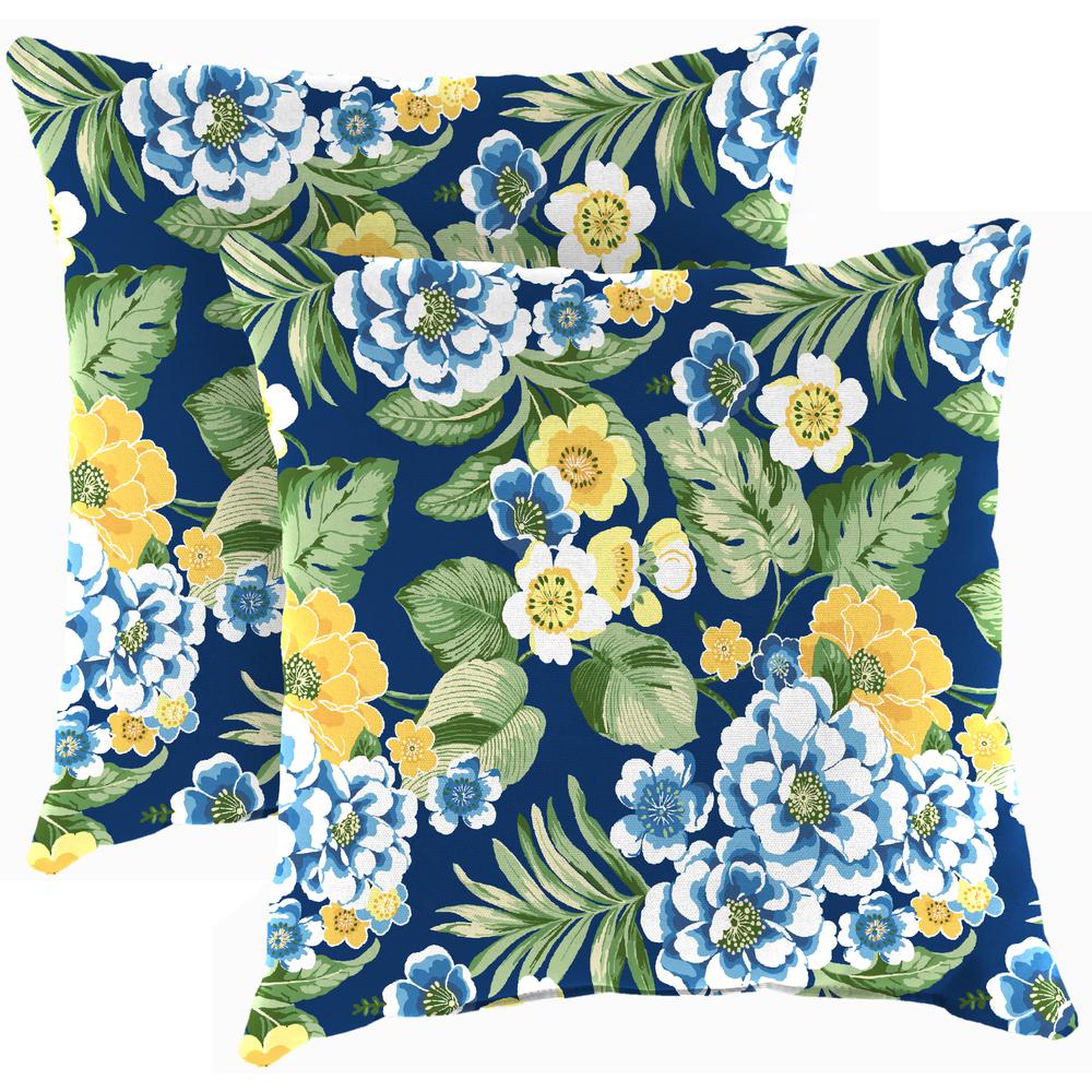 Binessa Lapis Blue Floral Square Knife Edge Outdoor Throw Pillows (2-Pack). Picture 1