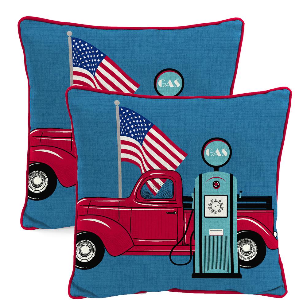 Blue American Flag Truck Knife Edge Outdoor Throw Pillow with Welt (2-Pack). Picture 1