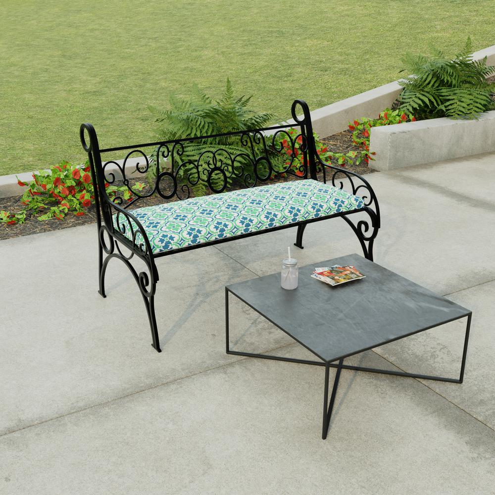 Vesey Sea Mist Green Geometric Outdoor Settee Swing Bench Cushion with Ties. Picture 3