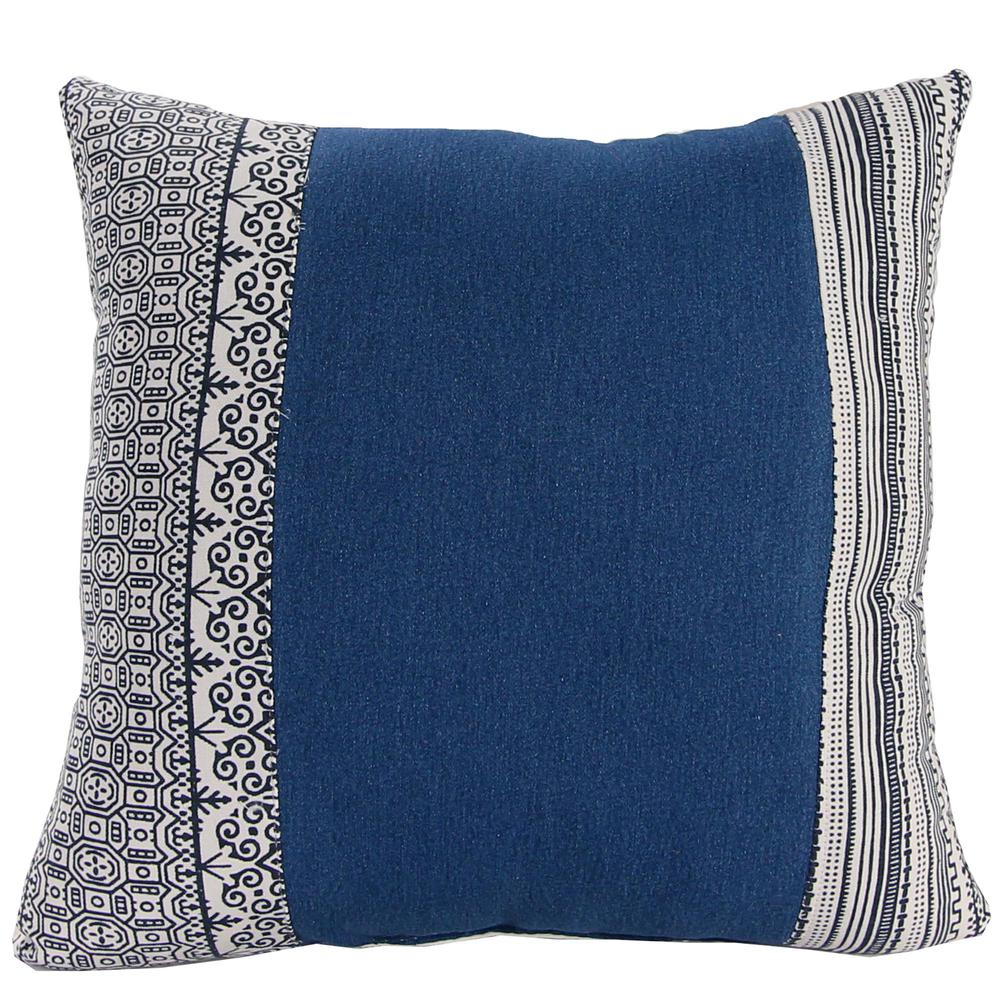 Denim Blue and Cream Geometric Knife Edge Reversible Decorative Throw Pillow. Picture 1