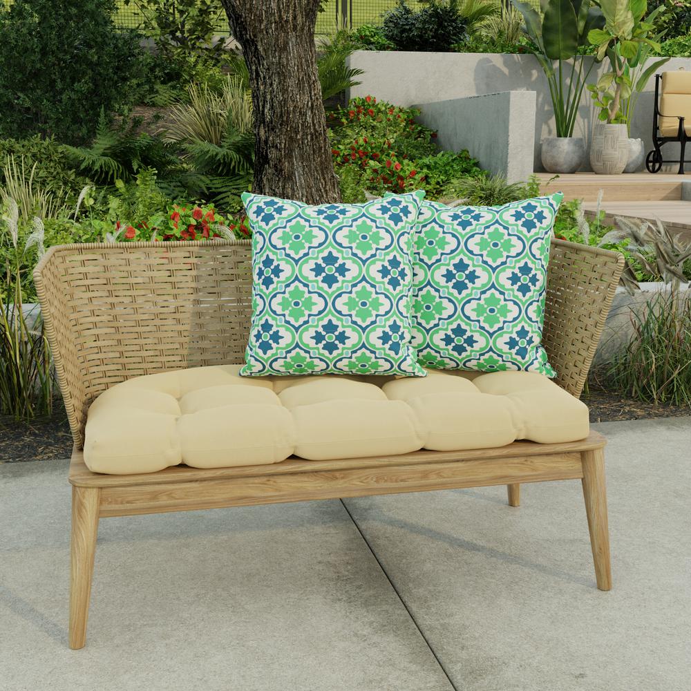 Vesey Sea Mist Green Quatrefoil Square Knife Edge Outdoor Throw Pillows (2-Pack). Picture 3