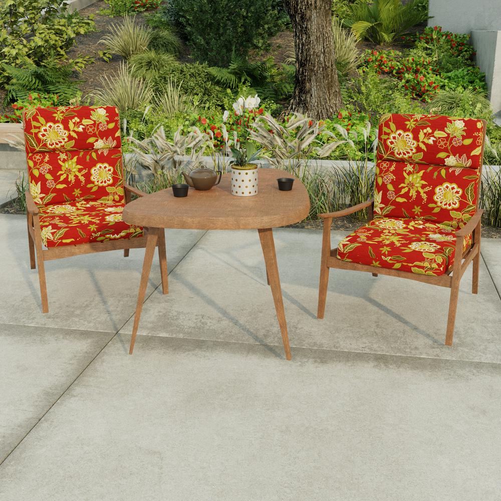 Alberta Salsa Red Floral Rectangular French Edge Outdoor Chair Cushion with Ties. Picture 3
