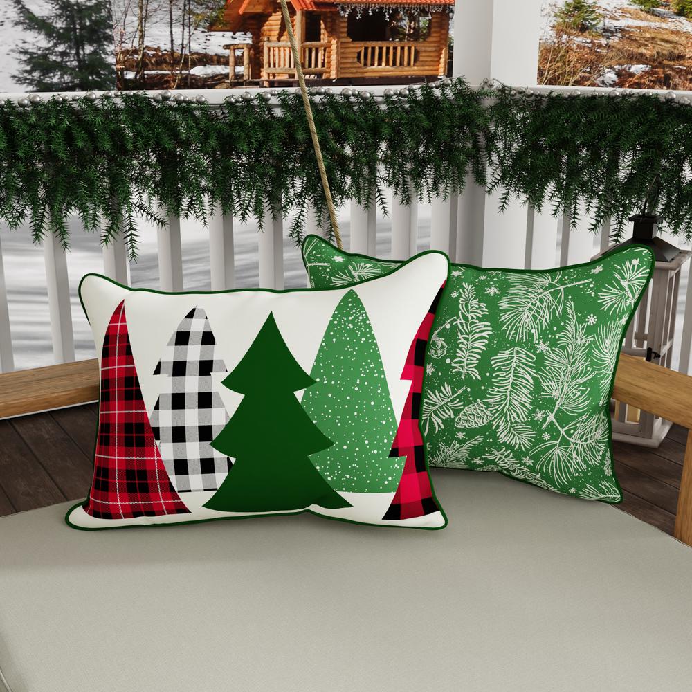 Plaid Christmas Trees and Green Leaves Outdoor Throw Pillow (2-Pack). Picture 3
