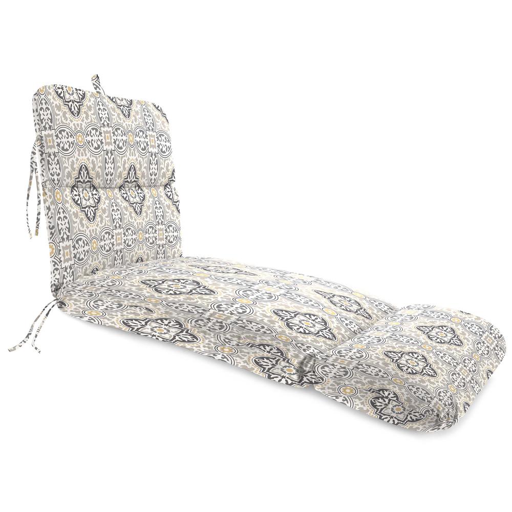 Rave Grey Quatrefoil Outdoor Chaise Lounge Cushion with Ties and Hanger Loop. Picture 1