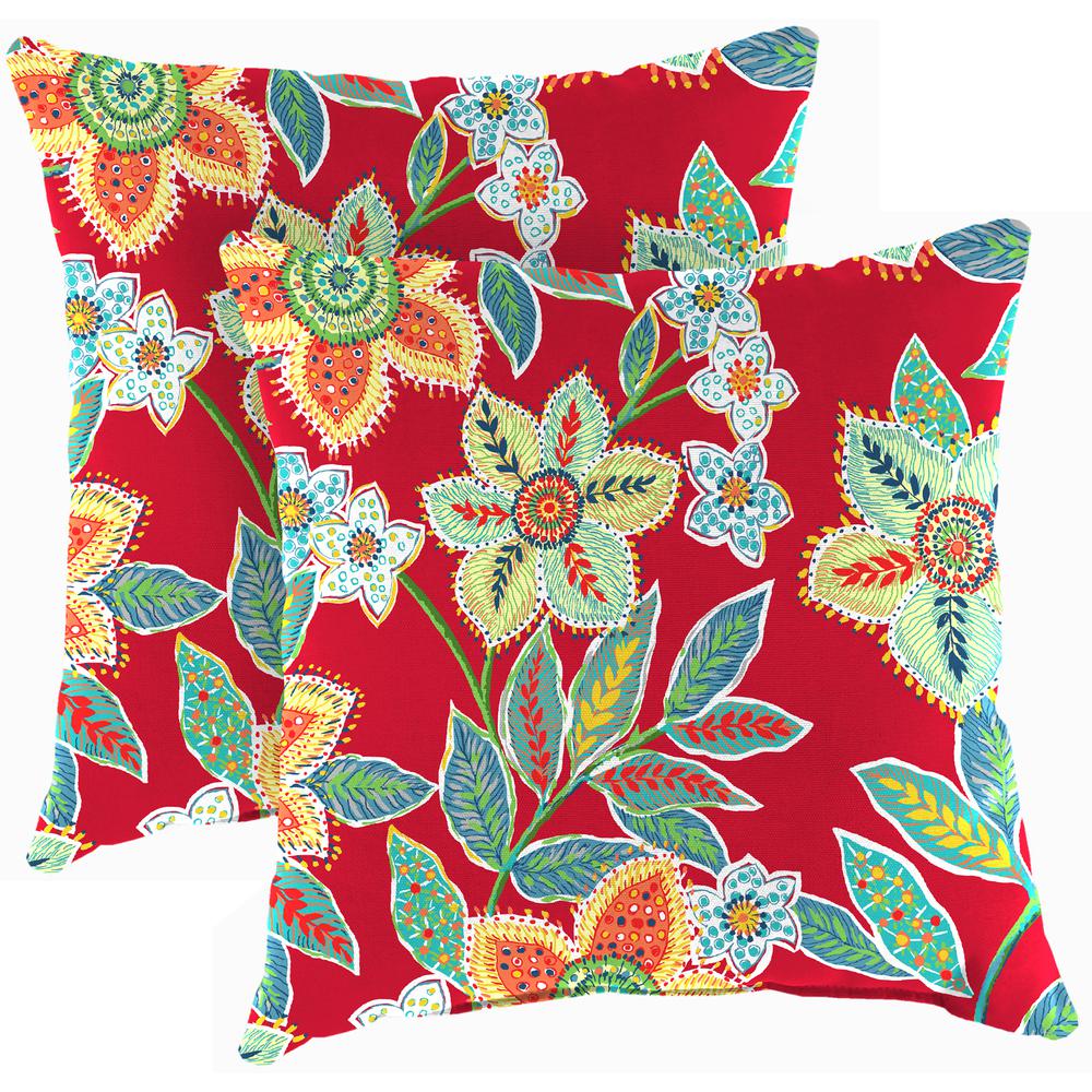 Leathra Red Floral Square Knife Edge Outdoor Throw Pillows (2-Pack). Picture 1