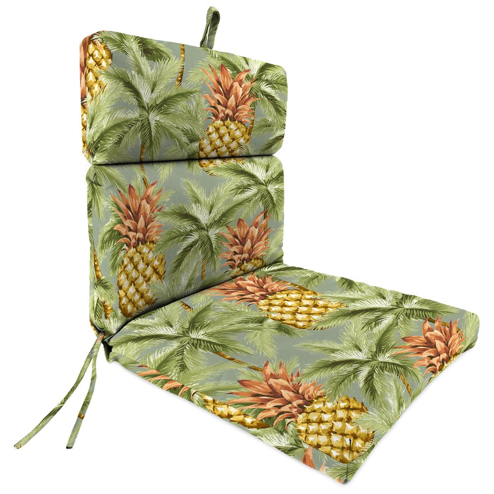 Luau Breeze Green Tropical French Edge Outdoor Chair Cushion with Ties. Picture 1