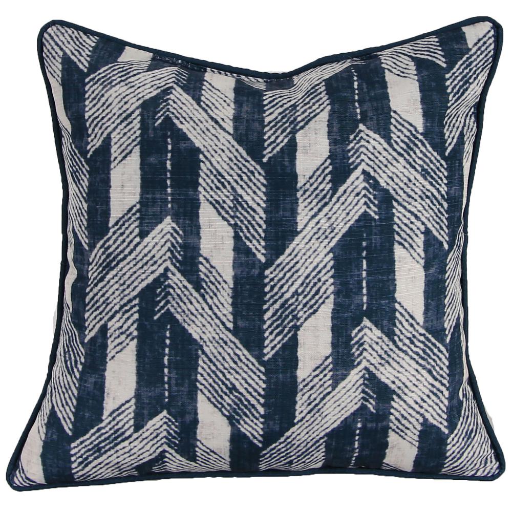 Navy and Cream Lattice Chevron Square Decorative Throw Pillow with Welt. Picture 1
