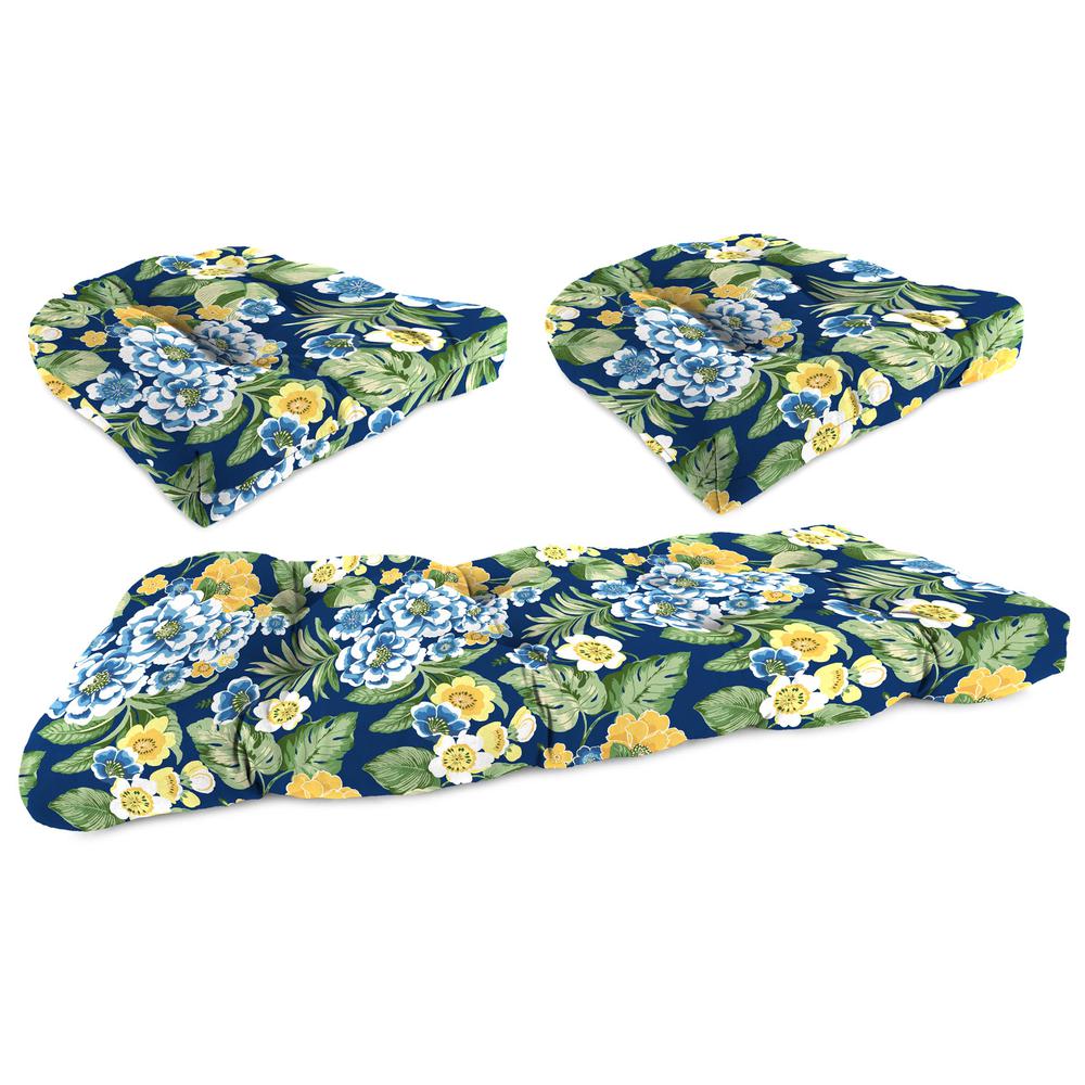 3-Piece Binessa Lapis Blue Floral Tufted Outdoor Cushion Set. Picture 1