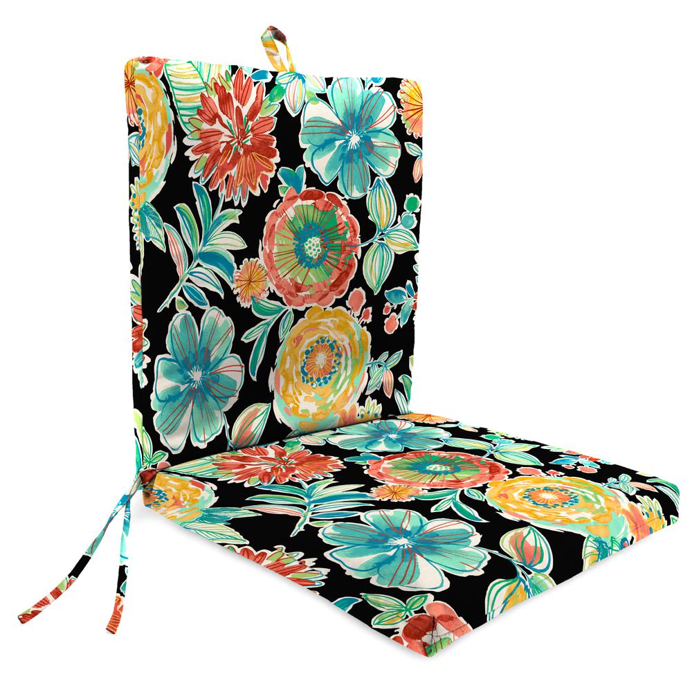 Colsen Noir Black Floral Rectangular French Edge Outdoor Chair Cushion with Ties. Picture 1