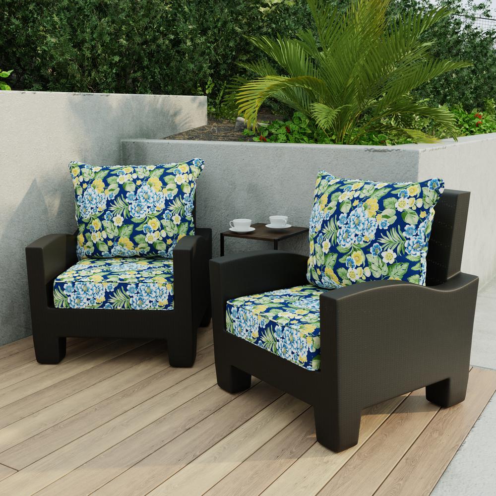 Binessa Lapis Blue Floral Outdoor Chair Seat and Back Cushion Set with Welt. Picture 3