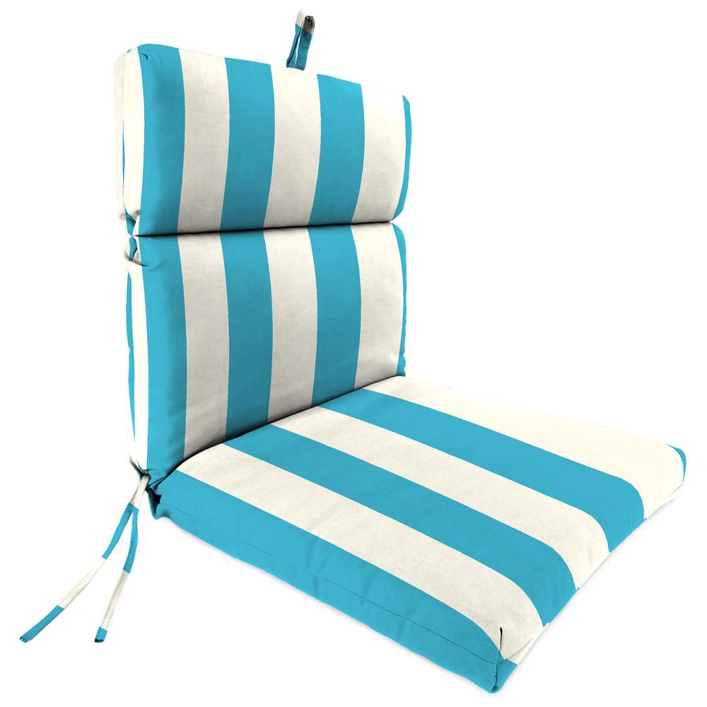 Cabana Turquoise Stripe Rectangular French Edge Outdoor Chair Cushion with Ties. Picture 1