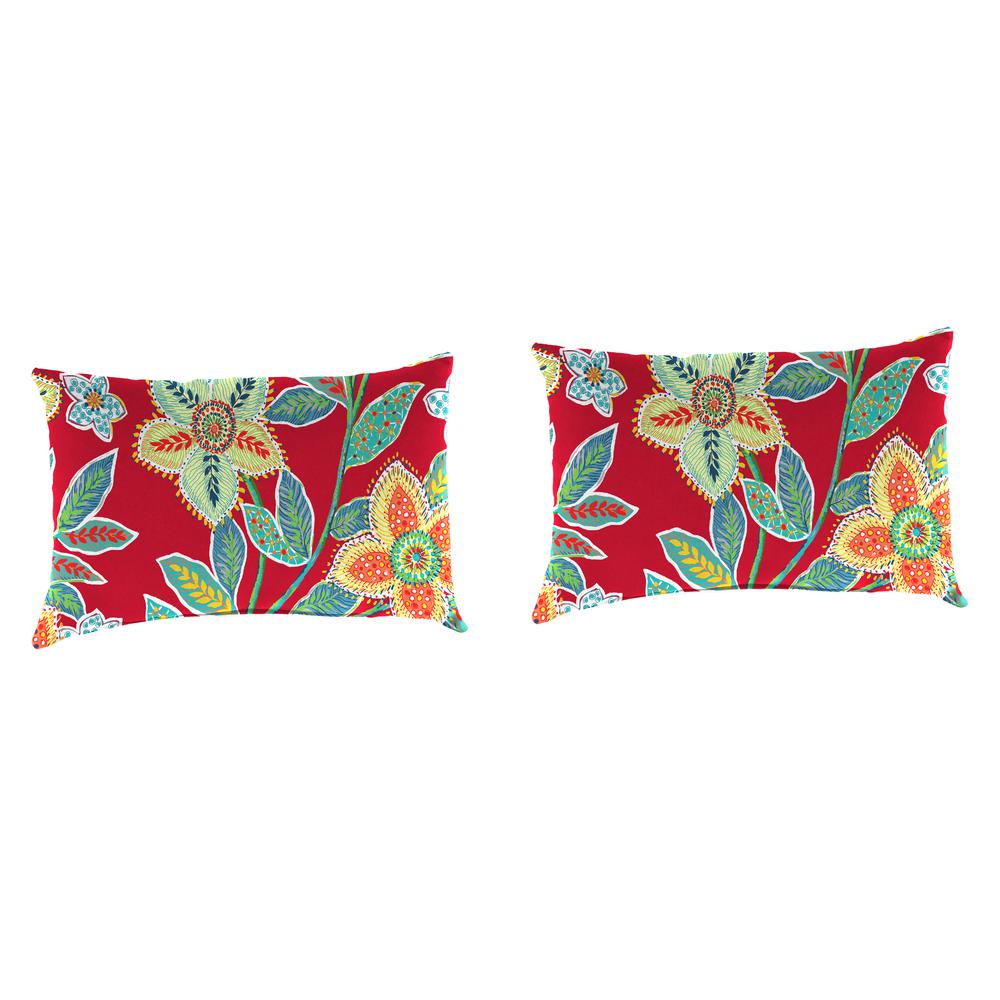 Leathra Red Floral Rectangular Knife Edge Outdoor Lumbar Throw Pillows (2-Pack). Picture 1