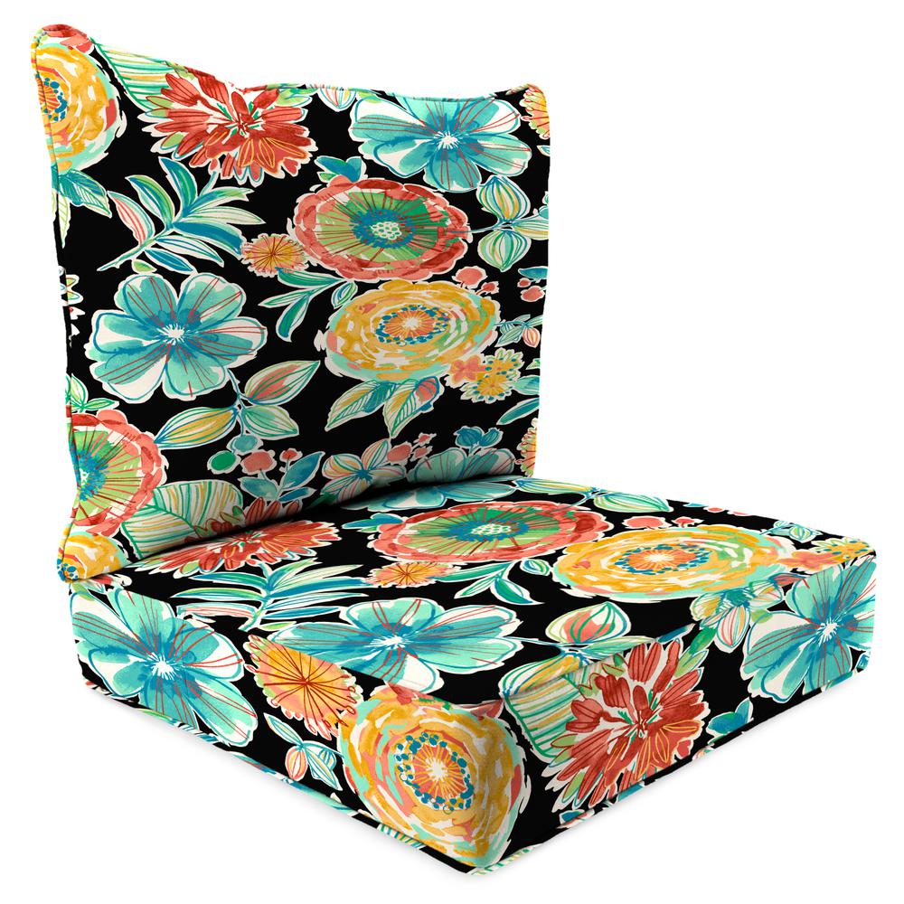 Colsen Noir Black Floral Outdoor Chair Seat and Back Cushion Set with Welt. Picture 1