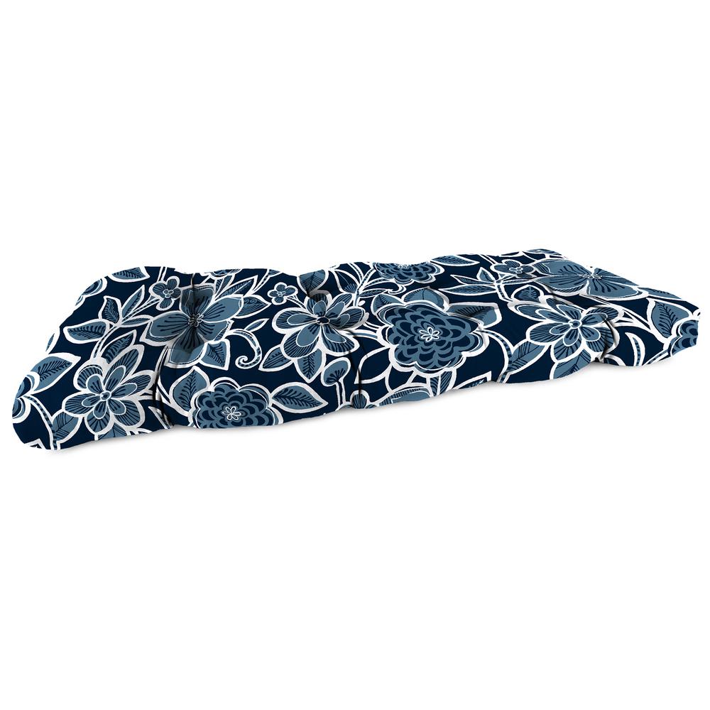 Halsey Navy Floral Tufted Outdoor Settee Bench Cushion with Rounded Back Corners. Picture 1