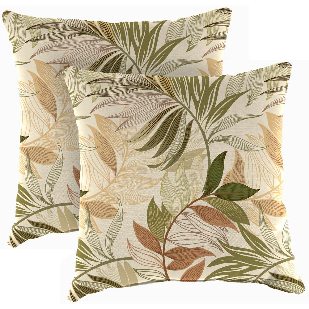 Oasis Nutmeg Beige Leaves Square Knife Edge Outdoor Throw Pillows (2-Pack). Picture 1