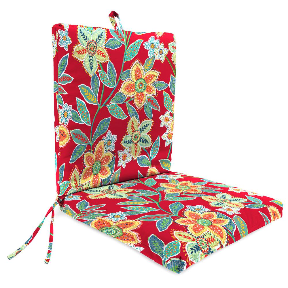 Leathra Red Floral Rectangular French Edge Outdoor Chair Cushion with Ties. Picture 1
