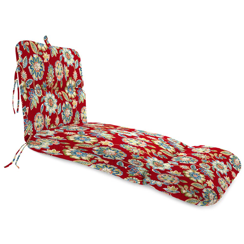Daelyn Cherry Red Floral Outdoor Chaise Lounge Cushion with Ties and Hanger Loop. Picture 1