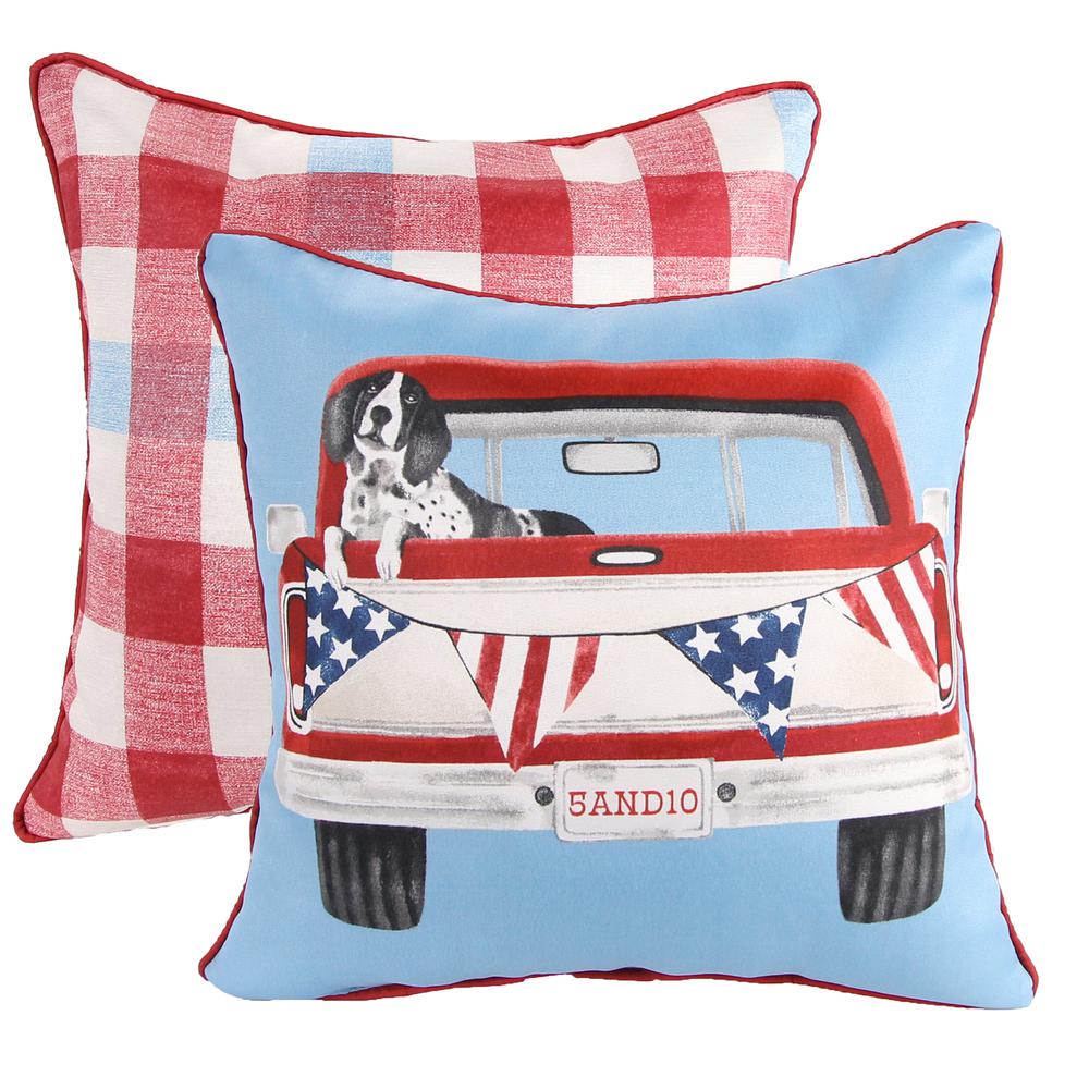 Light Blue Patriotic Dog Truck and Red Plaid Outdoor Throw Pillow (2-Pack). Picture 1