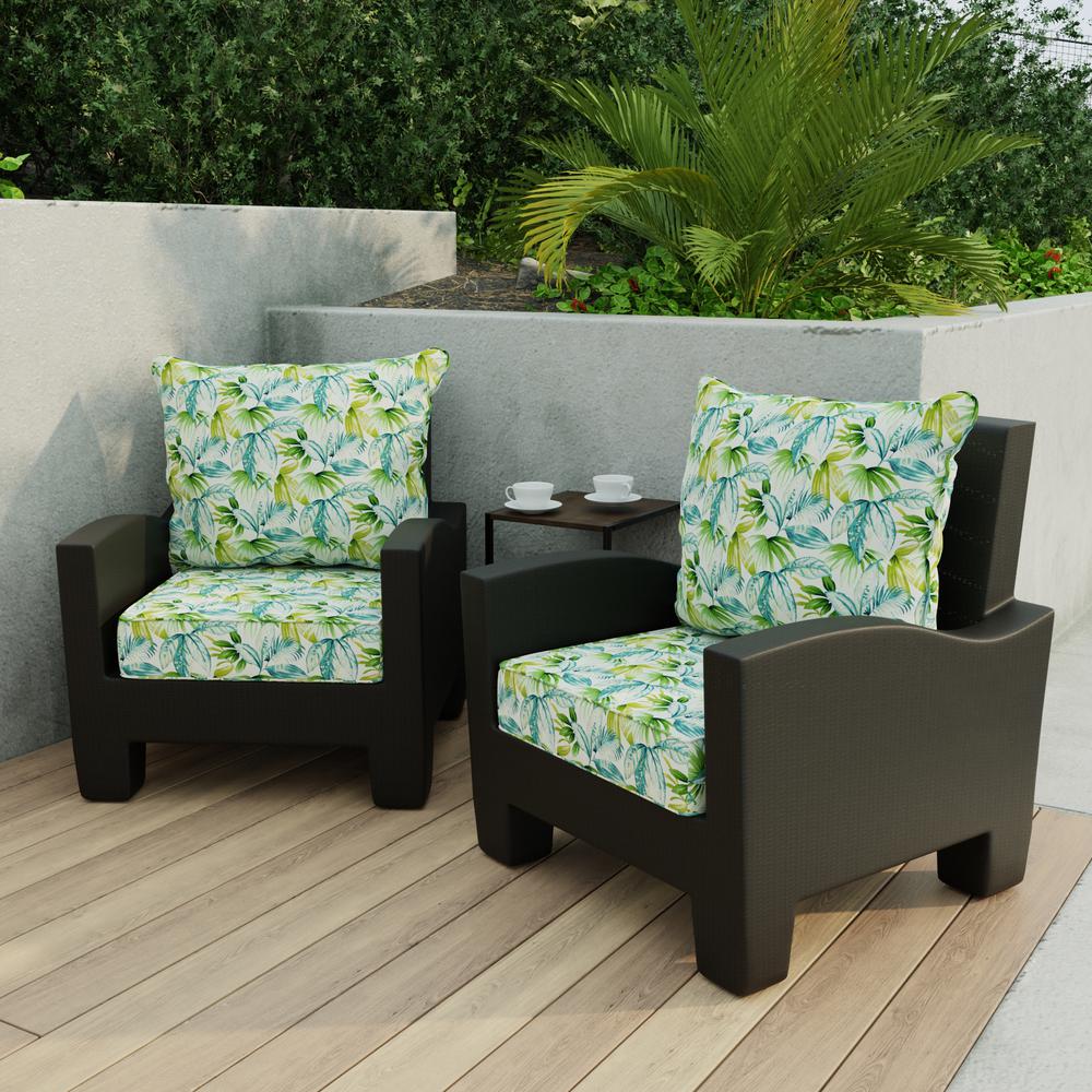 Seneca Caribbean Blue Leaves Outdoor Chair Seat and Back Cushion Set with Welt. Picture 3