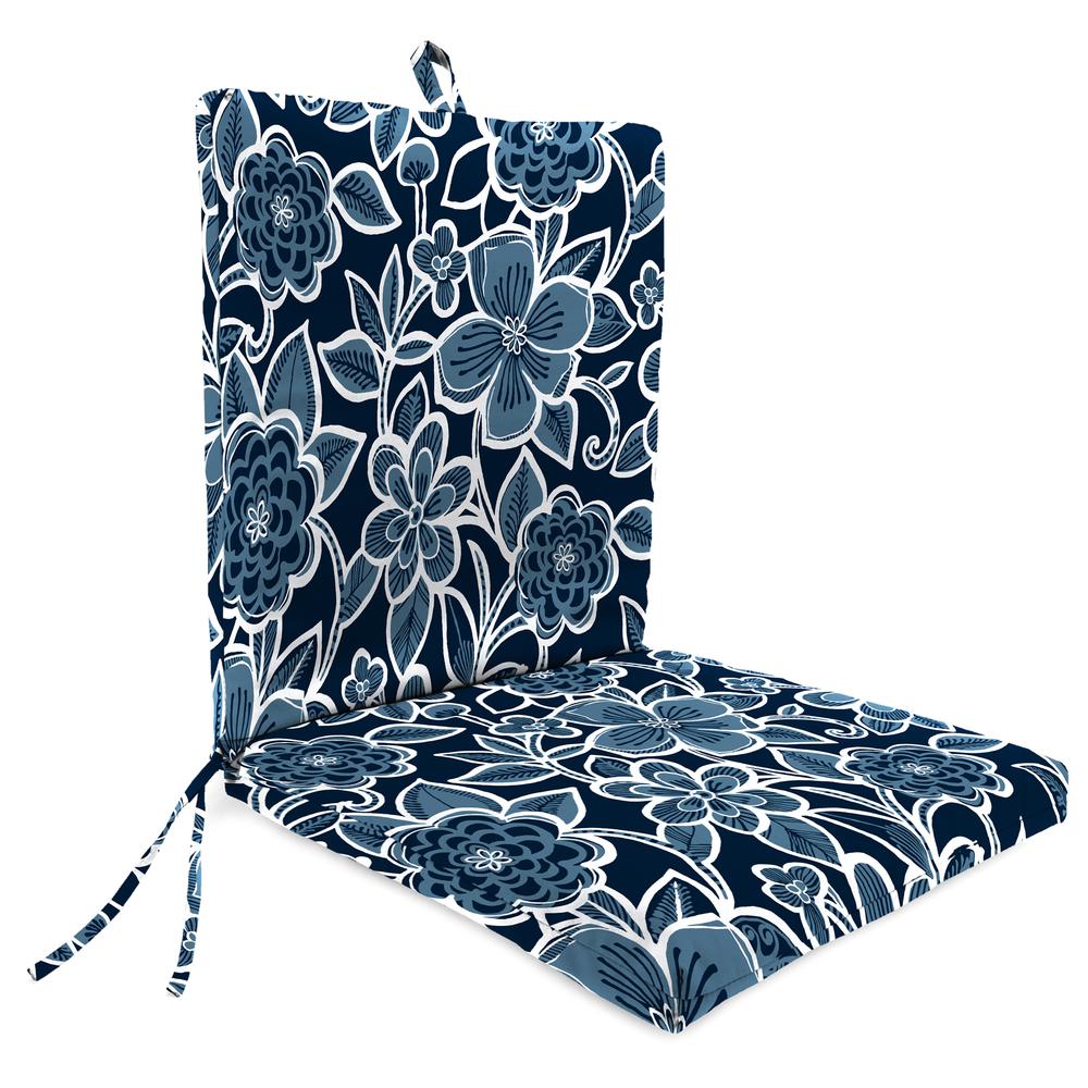Halsey Navy Floral Rectangular French Edge Outdoor Chair Cushion with Ties. Picture 1