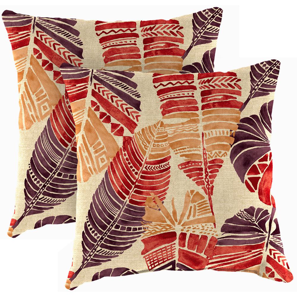 Hixon Sunset Beige Leaves Square Knife Edge Outdoor Throw Pillows (2-Pack). Picture 1