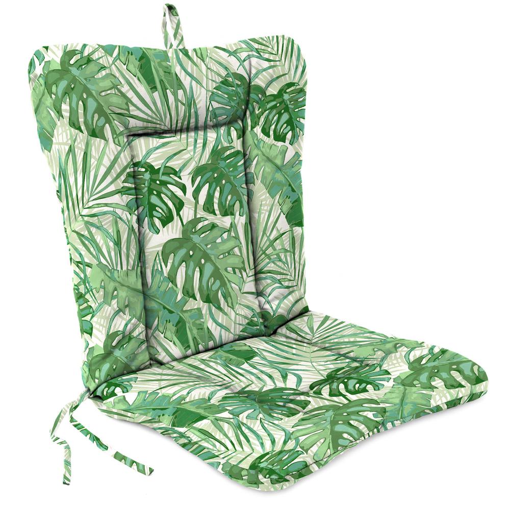 Bryann Tortoise Green Tropical Outdoor Chair Cushion with Ties and Hanger Loop. Picture 1