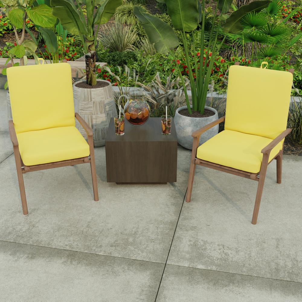 Sunray Yellow Solid Rectangular French Edge Outdoor Chair Cushion with Ties. Picture 3