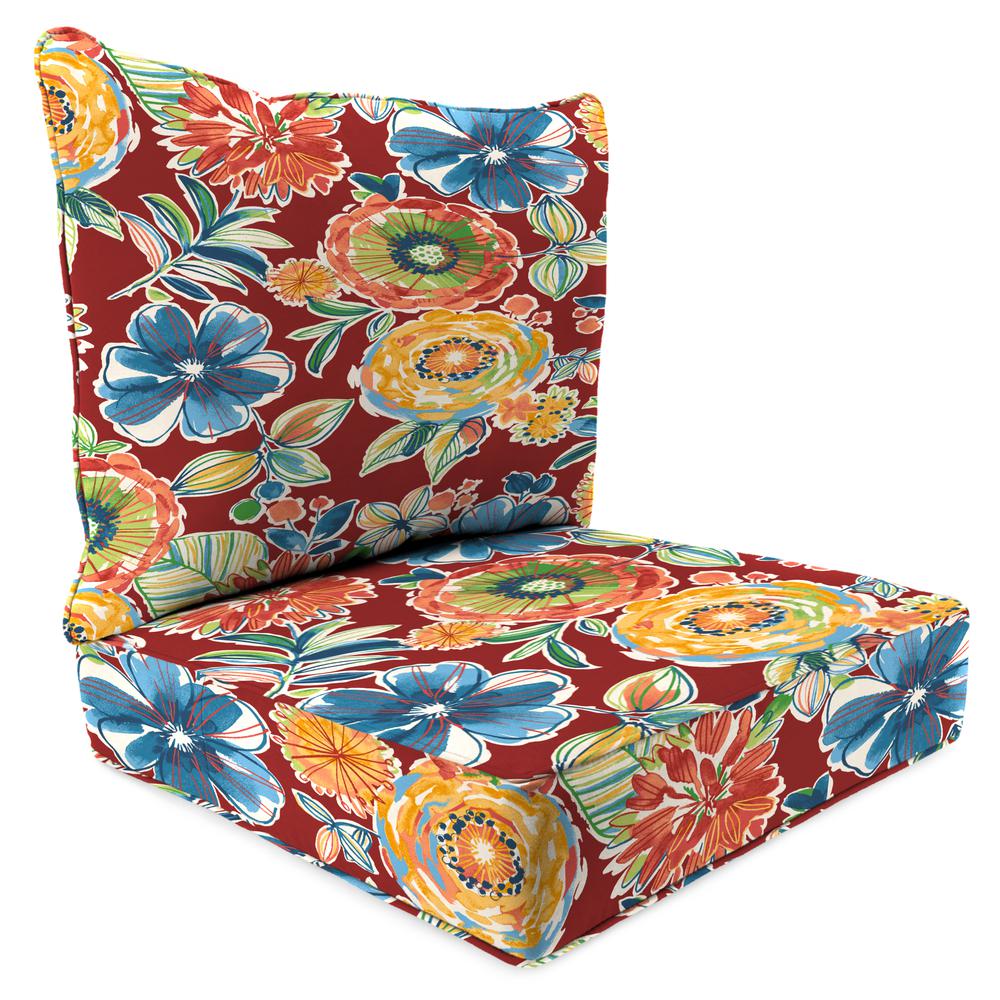 Colsen Berry Red Floral Outdoor Chair Seat and Back Cushion Set with Welt. Picture 1