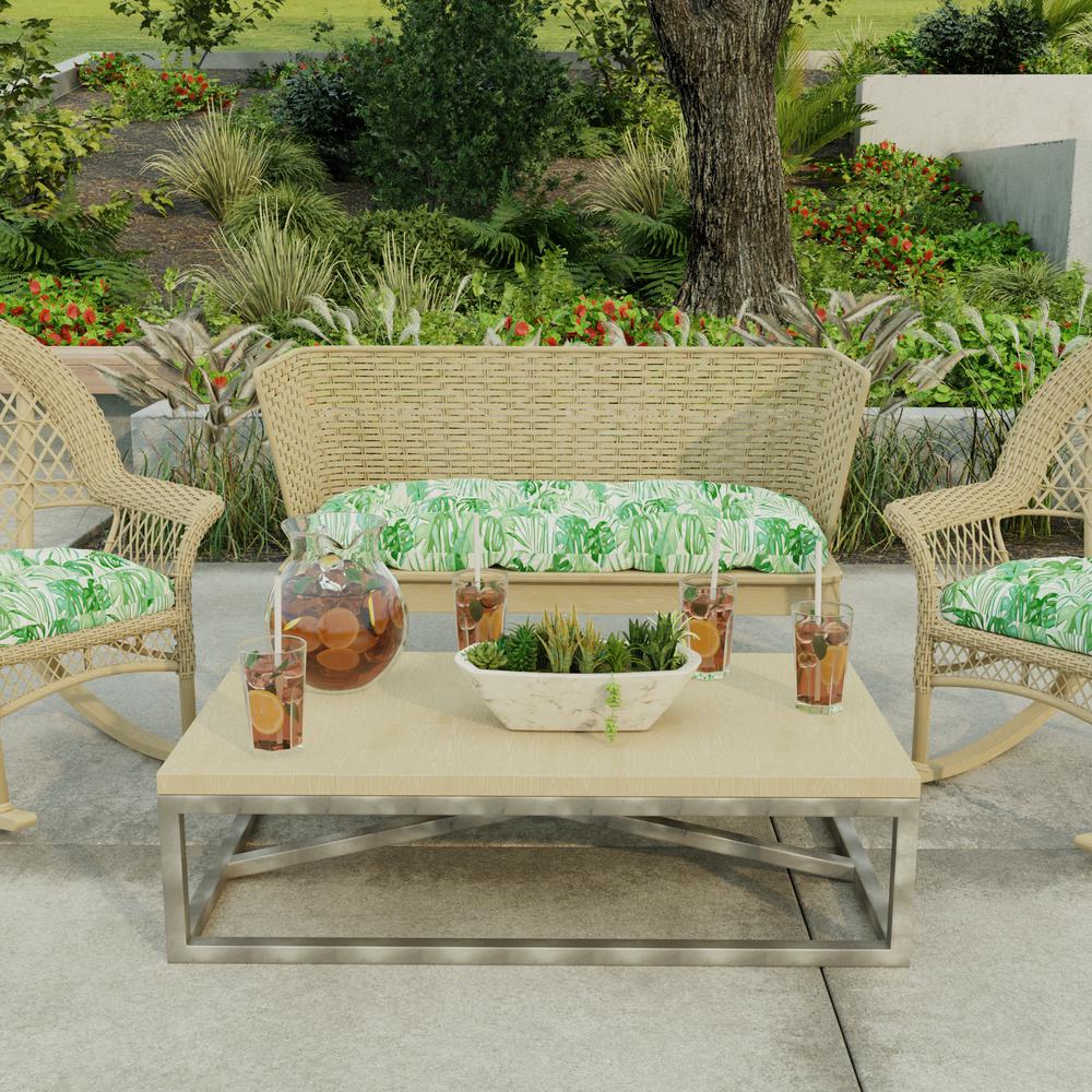 Bryann Tortoise Green Tropical Tufted Outdoor Settee Bench Cushion. Picture 3
