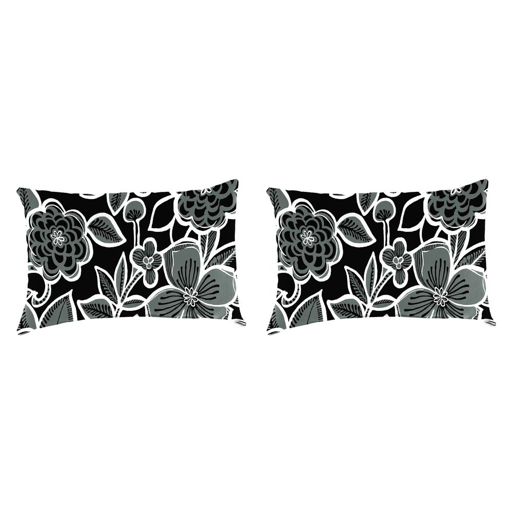 Halsey Shadow Black Floral Rectangular Knife Edge Outdoor Throw Pillows (2-Pack). Picture 1